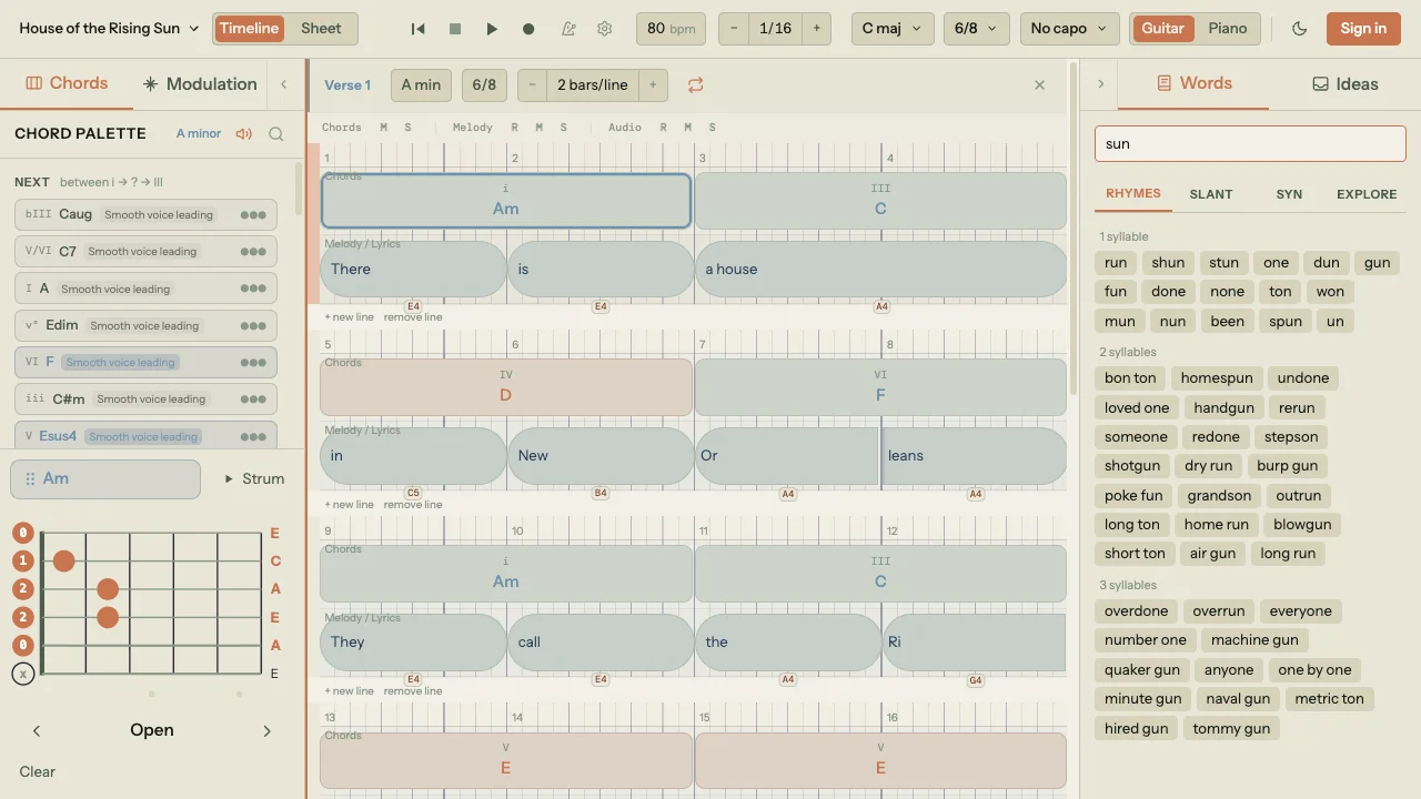 Song Cage app showing House of the Rising Sun with chord palette, timeline, guitar voicings, and rhyme finder